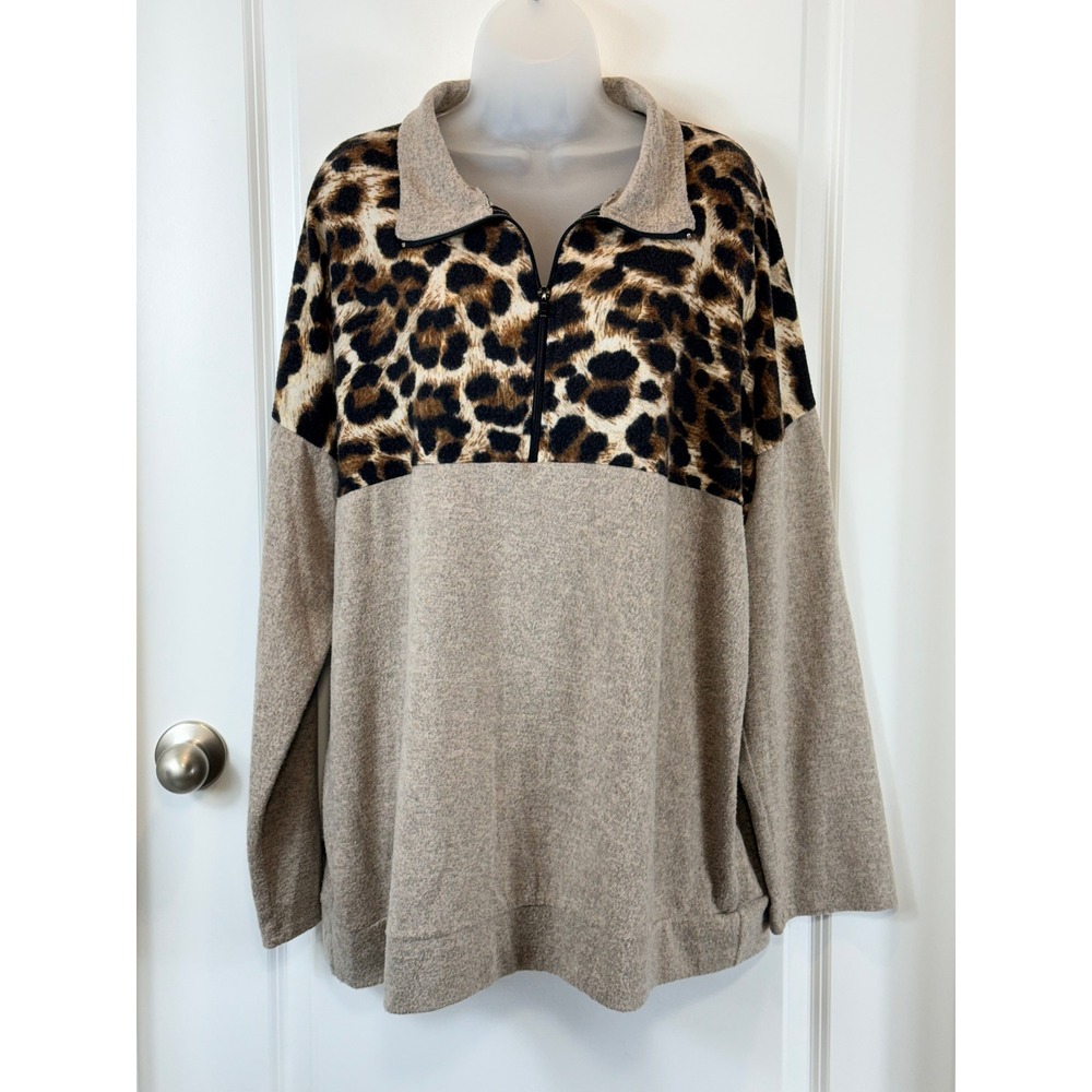 ChicSoul Leopard‎ 3X Print Collar 1/4 Zip Pullover Top Women's Quarter XXXL